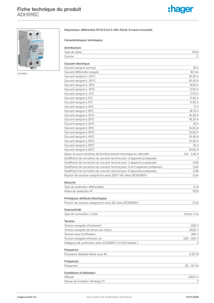 Image Hager Fiche technique du produit ADH916C | Hager Suisse