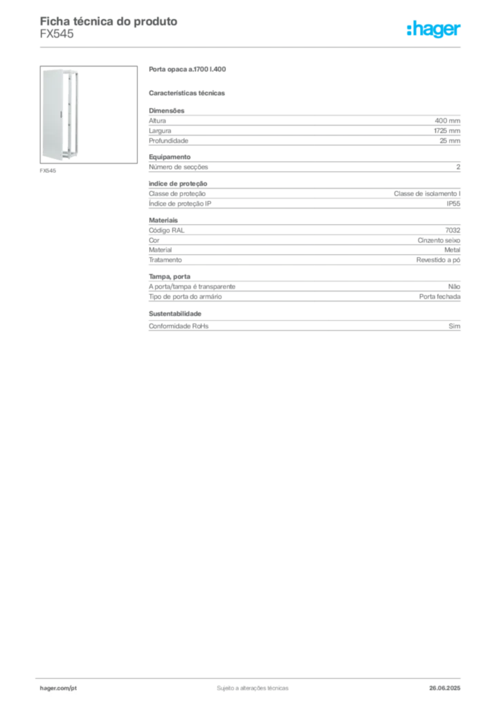 Imagem Hager Ficha técnica do produto FX545 | Hager Portugal