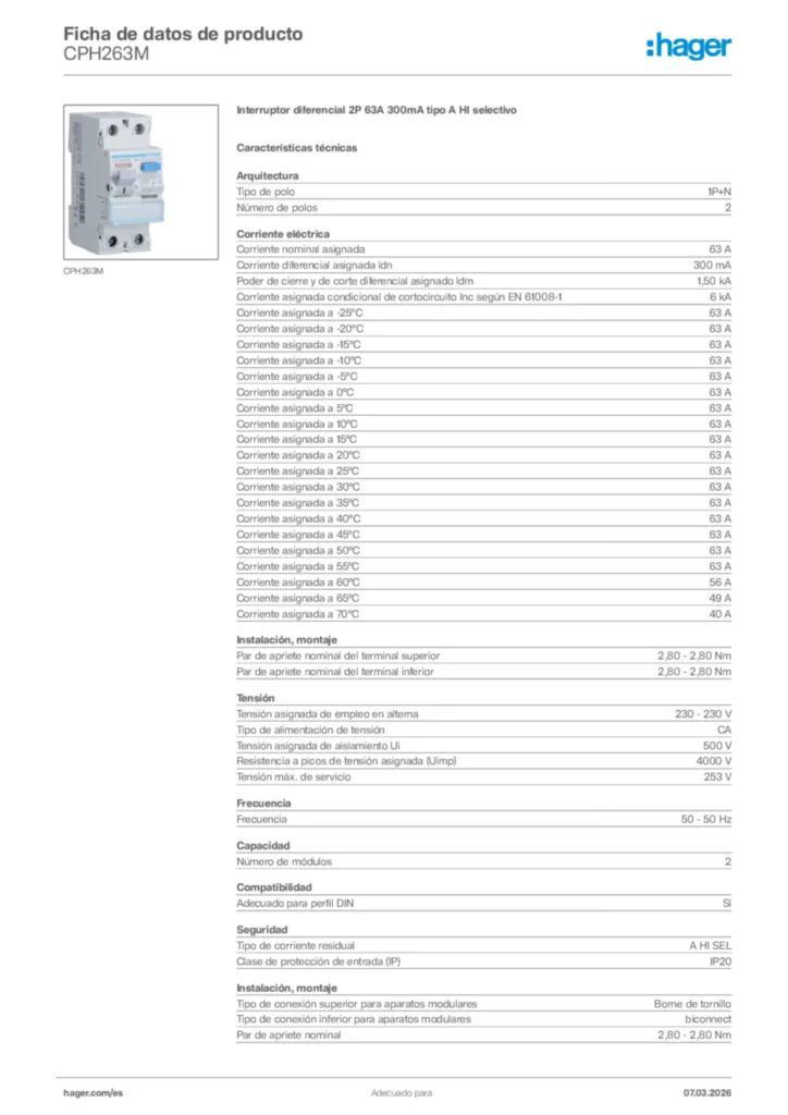 Imagen Hager Ficha de datos de producto CPH263M | Hager España