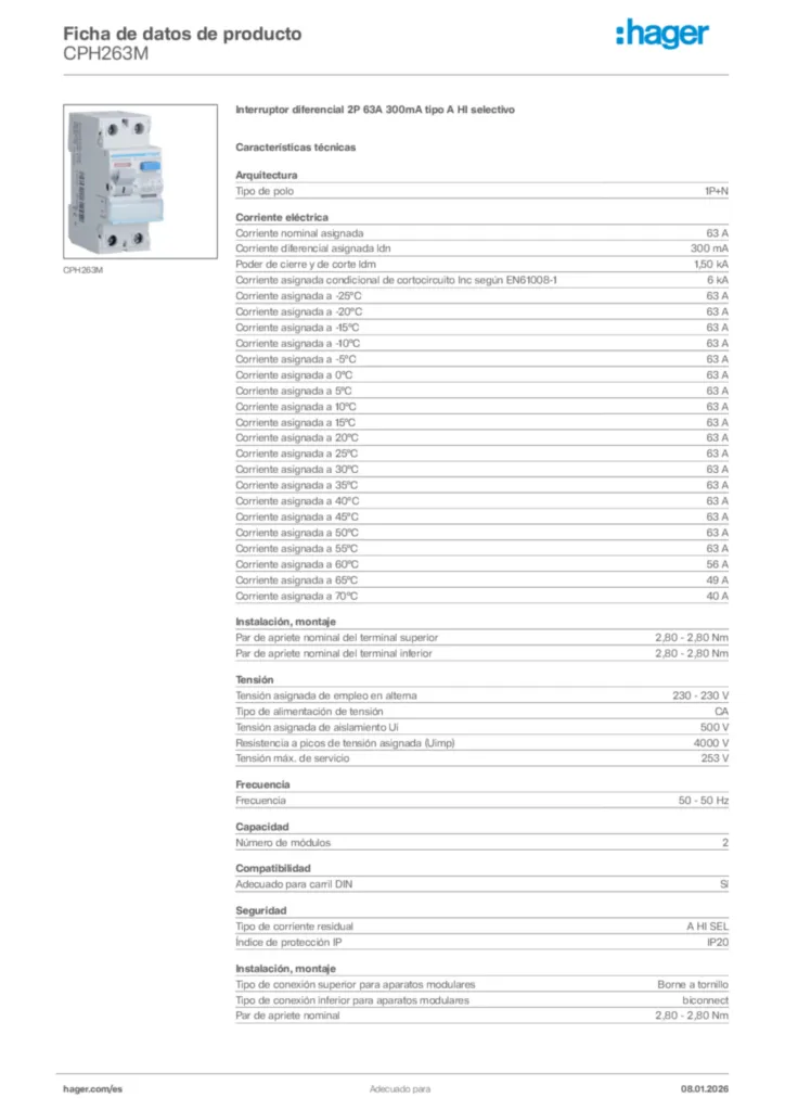 Imagen Hager Ficha de datos de producto CPH263M | Hager España