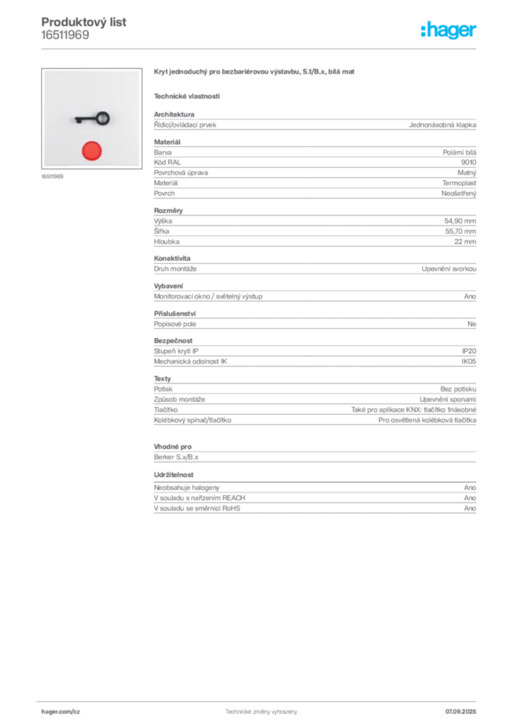 Obrázek Hager Produktový list 16511969 | Hager