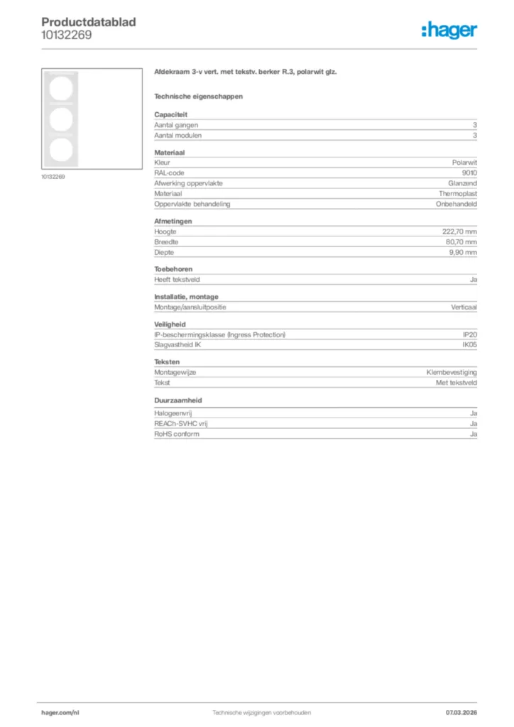 Afbeelding Hager Productdatablad 10132269 | Hager Nederland