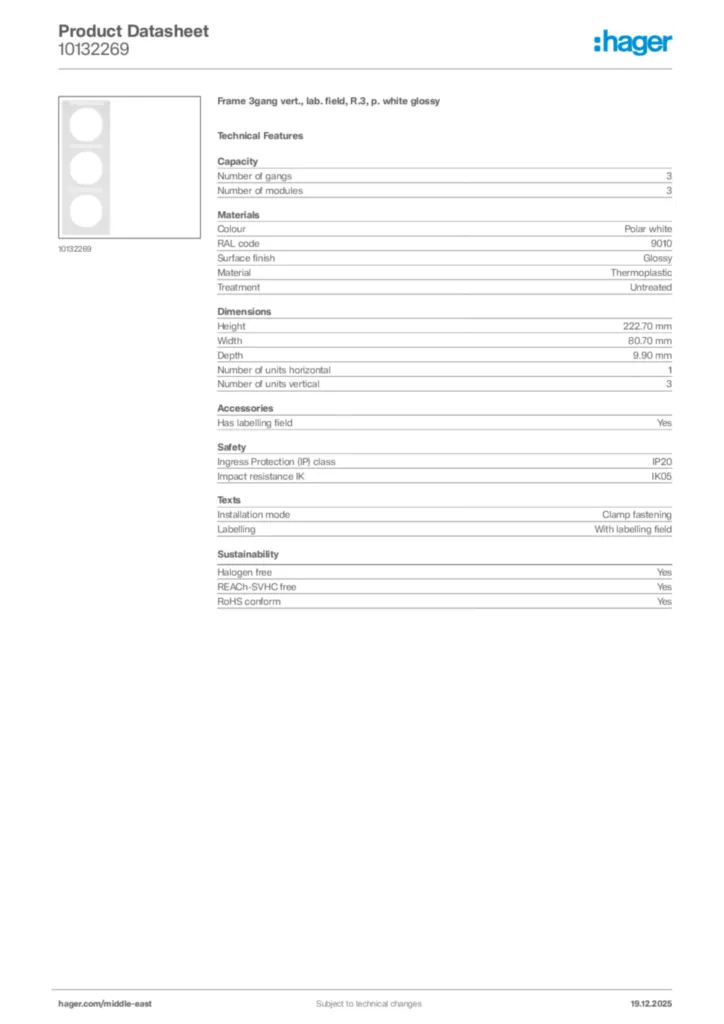 Image Hager Product data sheet 10132269  | Hager