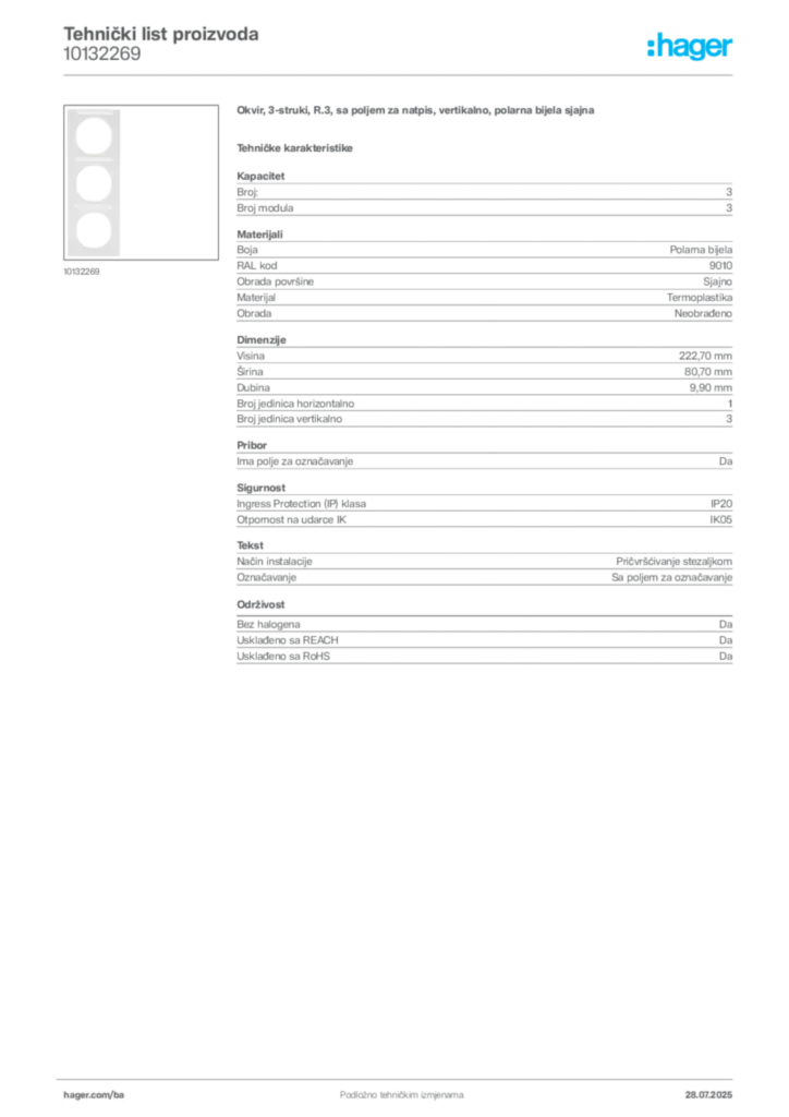 Slika Hager Product data sheet 10132269  | Hager