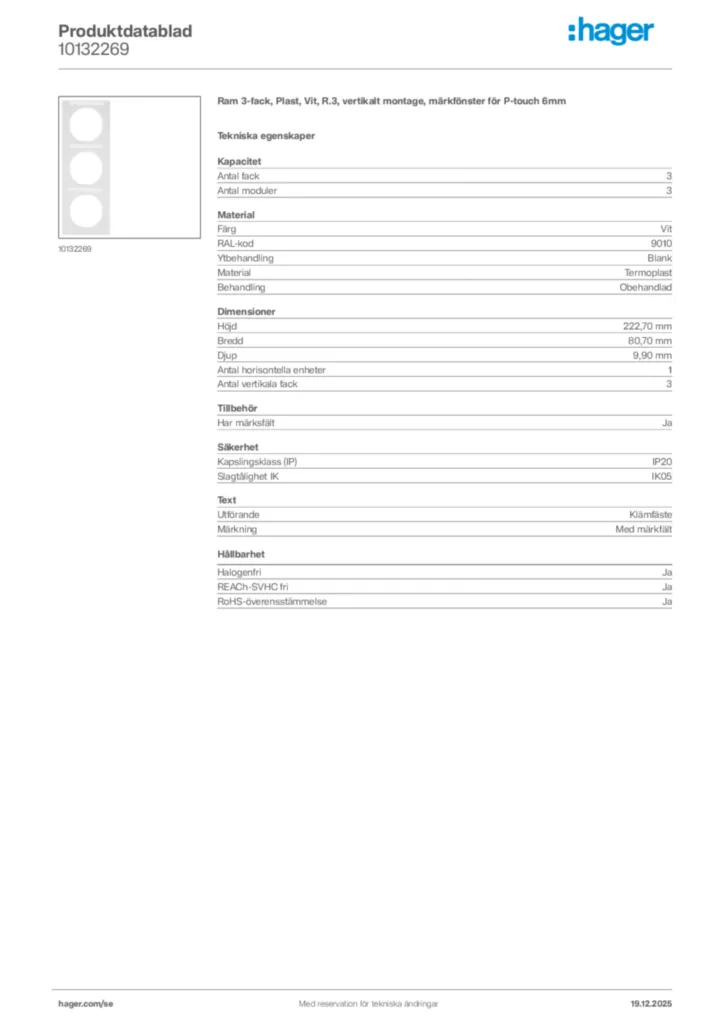Bild Hager Produktdatablad 10132269 | Hager Sverige