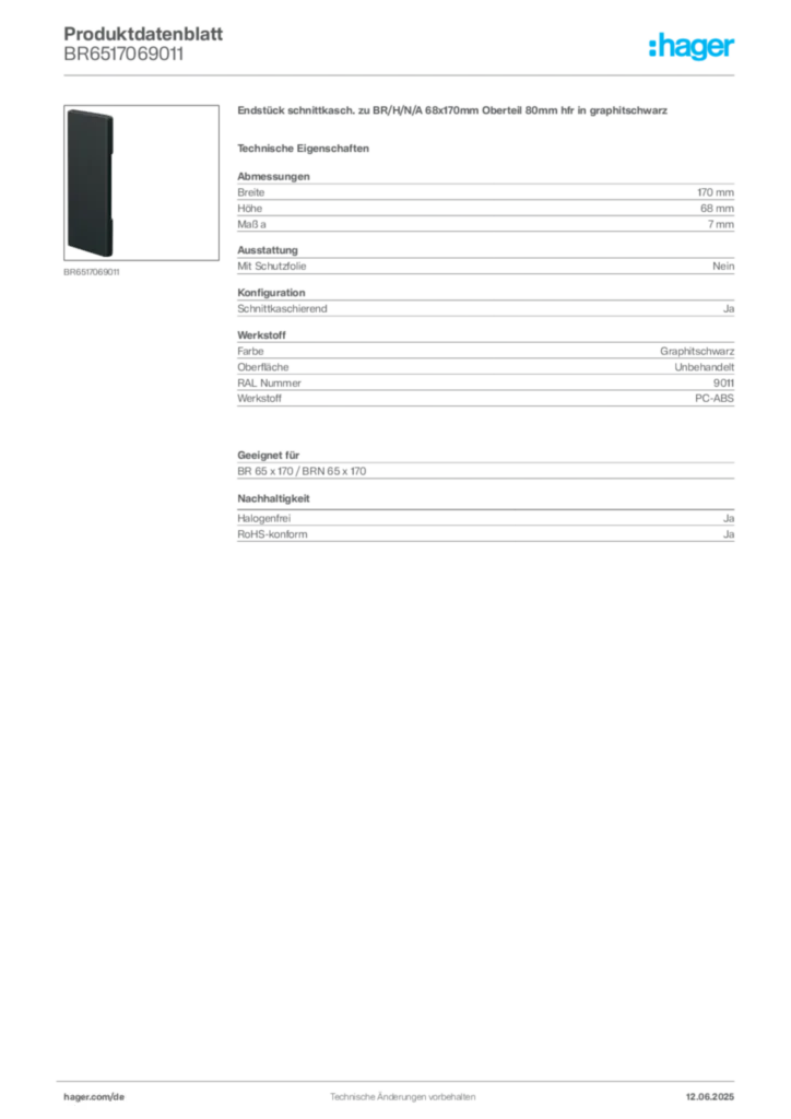 Bild Hager Produktdatenblatt BR6517069011 | Hager Deutschland