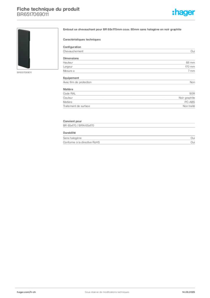 Image Hager Fiche technique du produit BR6517069011 | Hager Suisse
