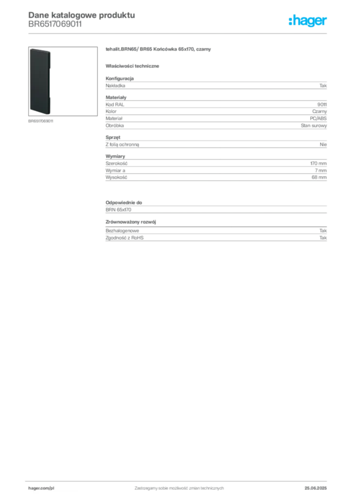 Zdjęcie Hager Karta katalogowa BR6517069011 | Hager Polska