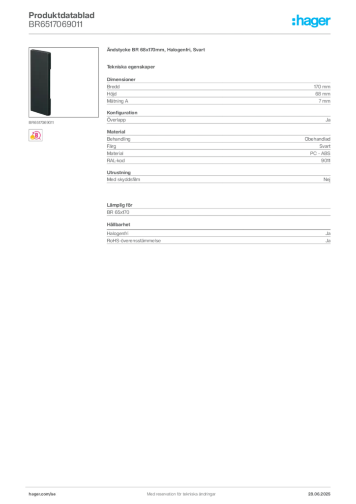 Bild Hager Produktdatablad BR6517069011 | Hager Sverige