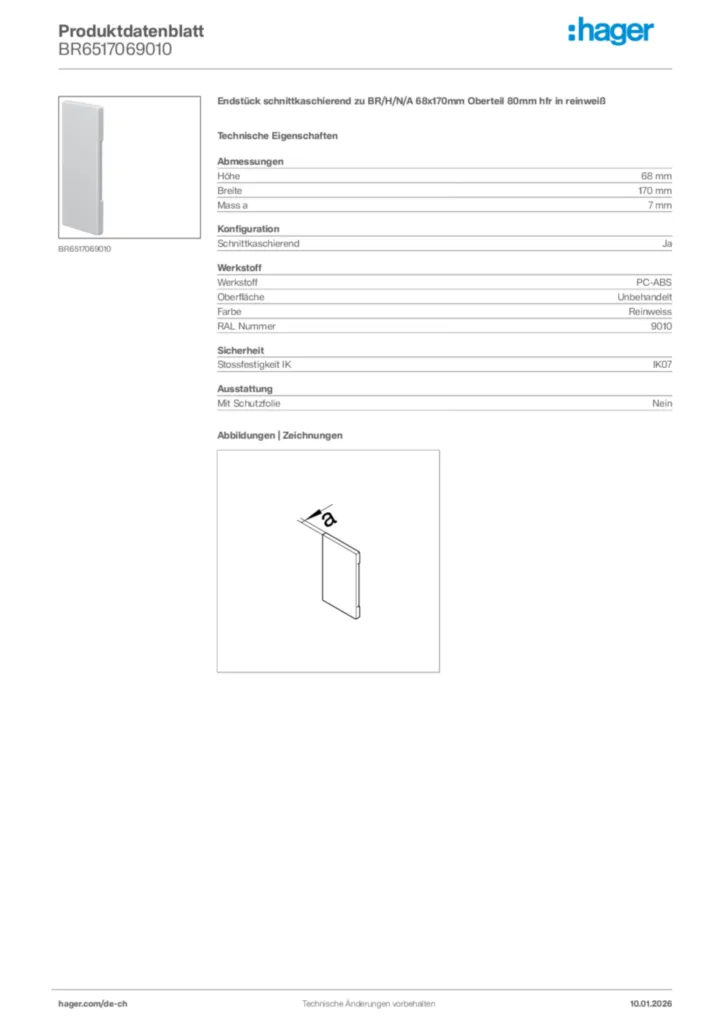 Bild Hager Produktdatenblatt BR6517069010 | Hager Schweiz