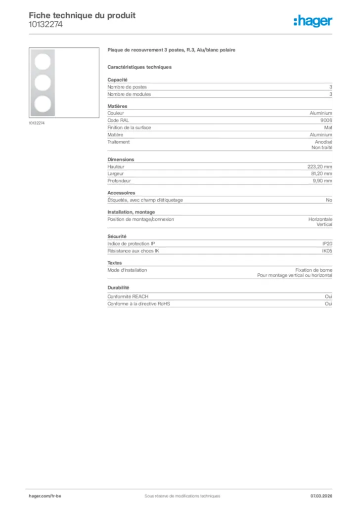 Image Hager Fiche technique du produit 10132274 | Hager Belgique