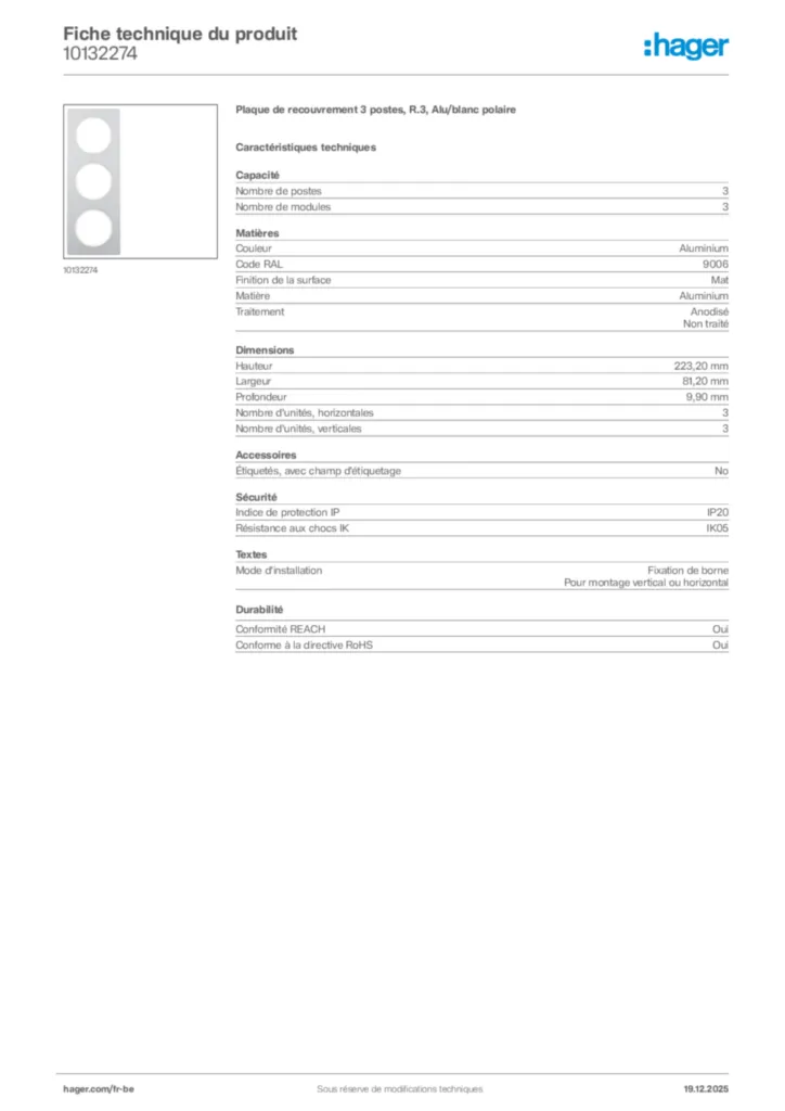 Image Hager Fiche technique du produit 10132274 | Hager Belgique