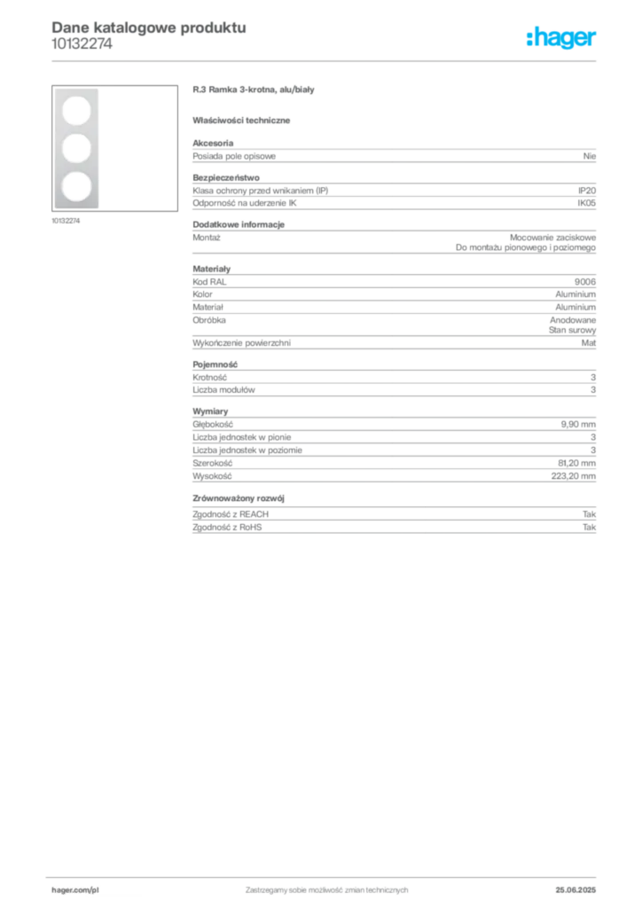Zdjęcie Hager Karta katalogowa 10132274 | Hager Polska