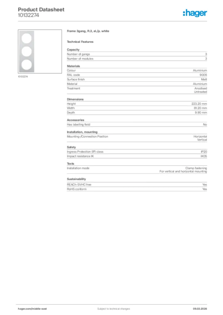 Image Hager Product data sheet 10132274  | Hager