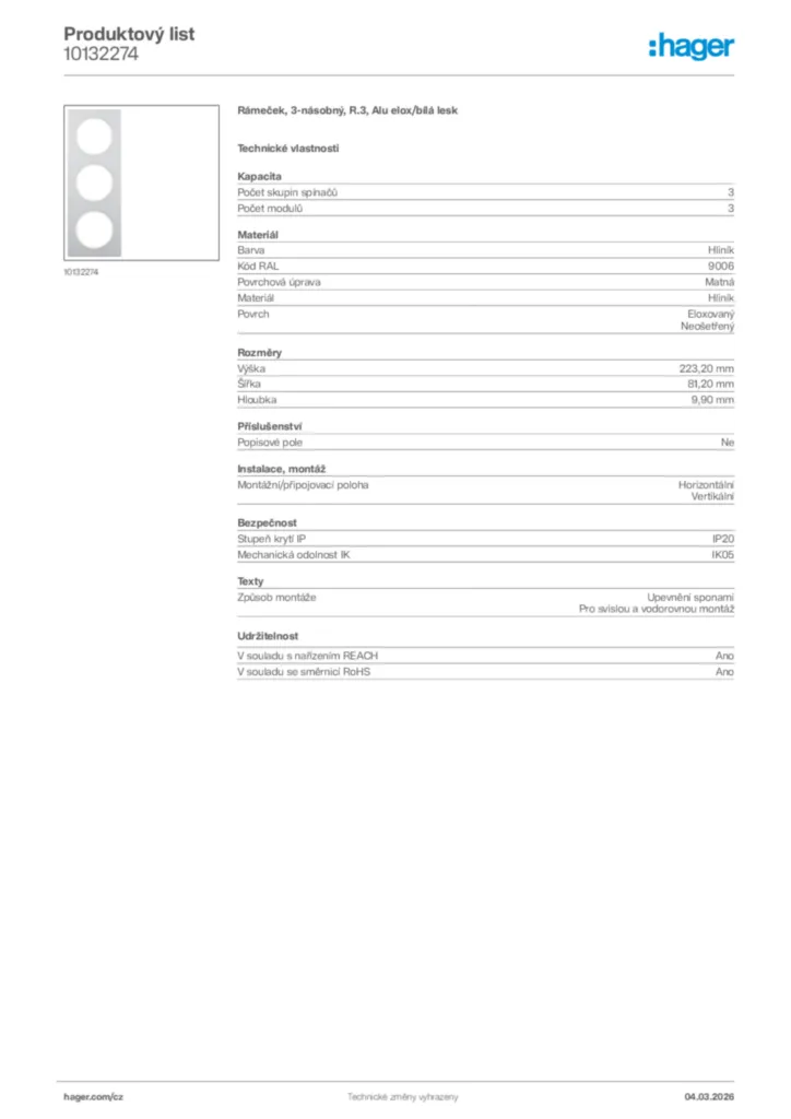 Obrázek Hager Product data sheet 10132274 | Hager