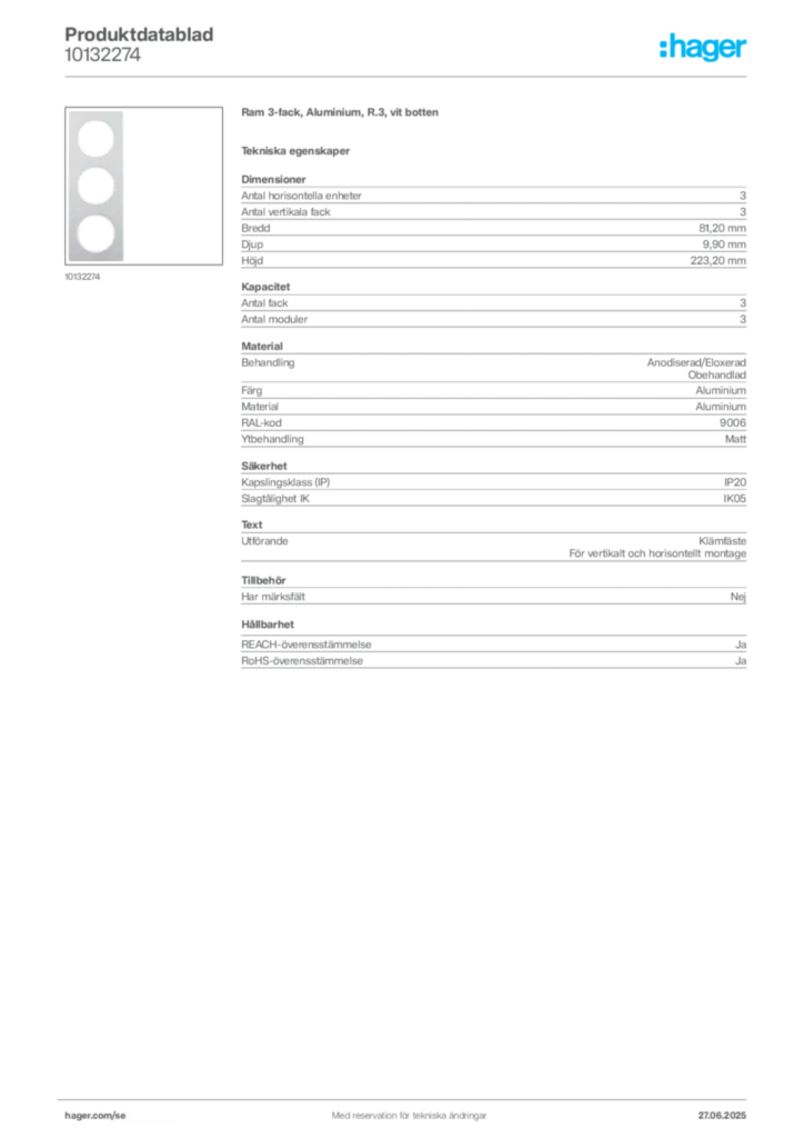 Bild Hager Produktdatablad 10132274 | Hager Sverige