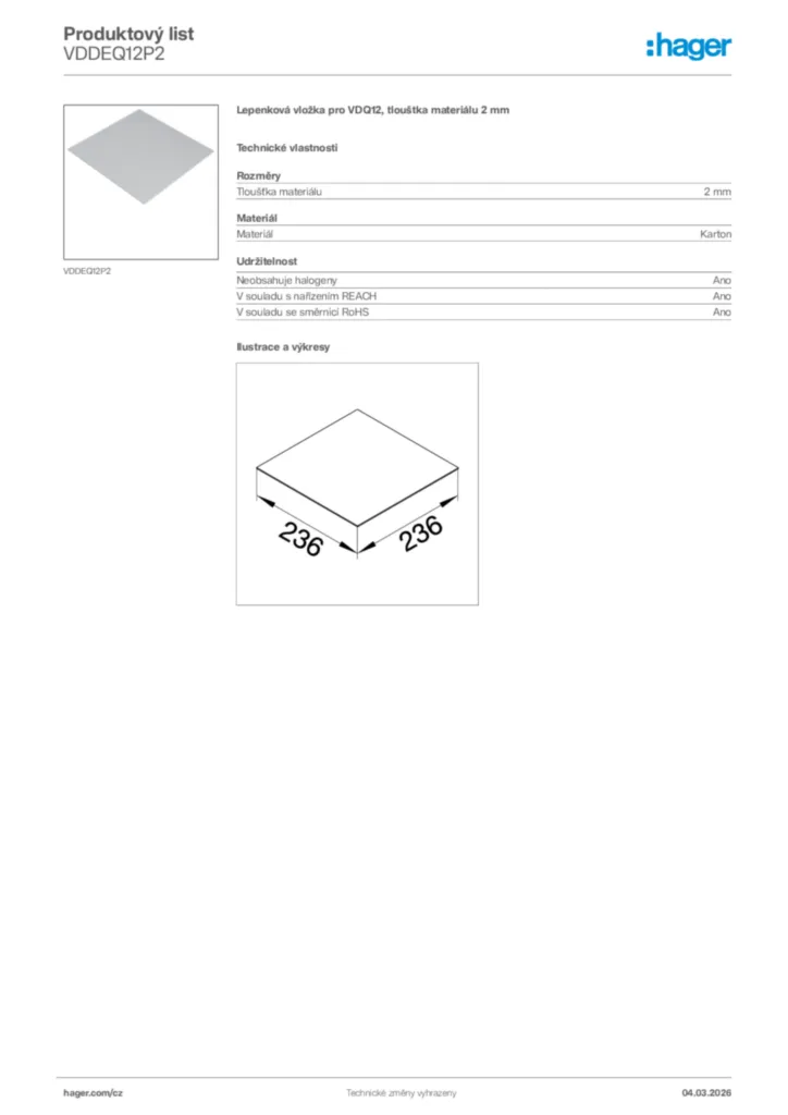 Obrázek Hager Product data sheet VDDEQ12P2 | Hager