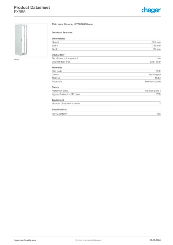 Image Hager Product data sheet FX555  | Hager