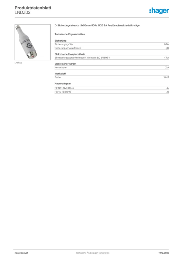 Bild Hager Produktdatenblatt LNDZ02 | Hager Deutschland