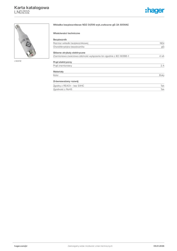 Zdjęcie Hager Karta katalogowa LNDZ02 | Hager Polska