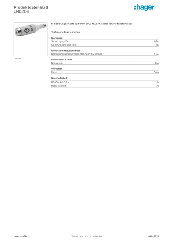 Bild Hager Produktdatenblatt LNDZ06 | Hager Deutschland