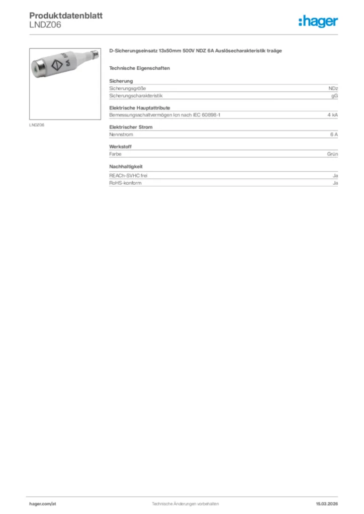 Bild Hager Produktdatenblatt LNDZ06 | Hager Deutschland