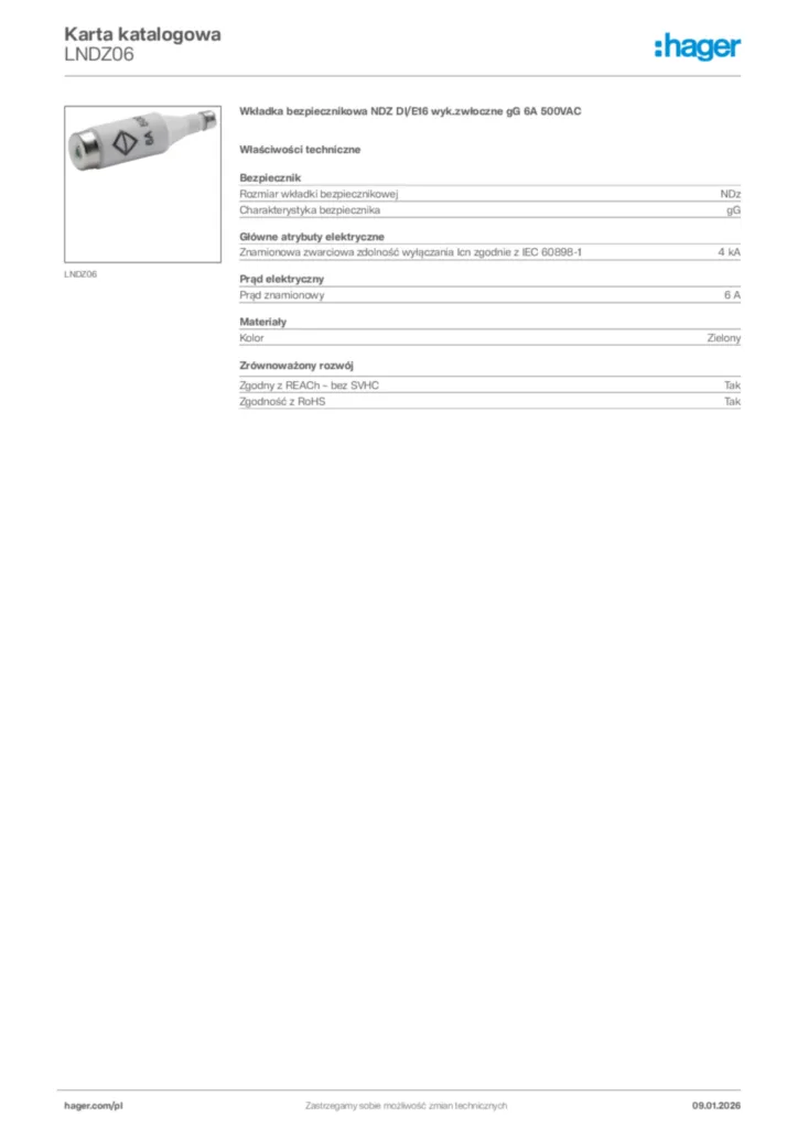 Zdjęcie Hager Karta katalogowa LNDZ06 | Hager Polska