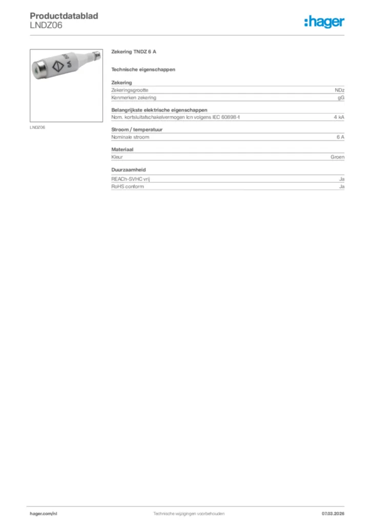 Afbeelding Hager Productdatablad LNDZ06 | Hager Nederland