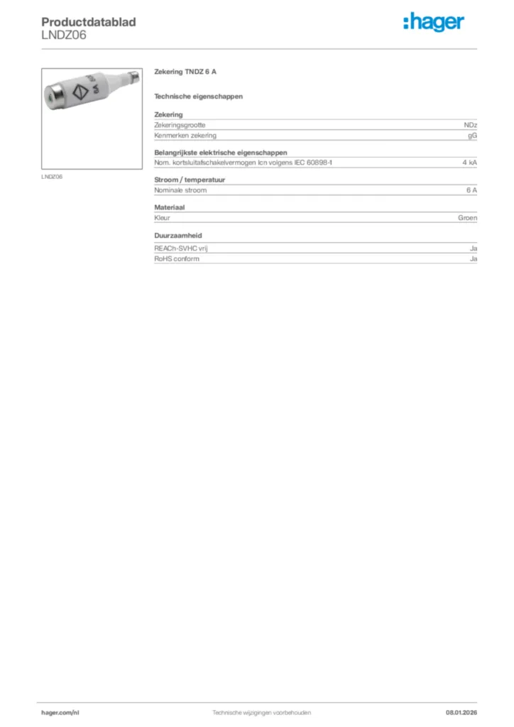 Afbeelding Hager Productdatablad LNDZ06 | Hager Nederland