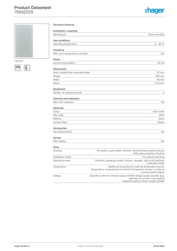 Image Hager Product data sheet 75642039  | Hager