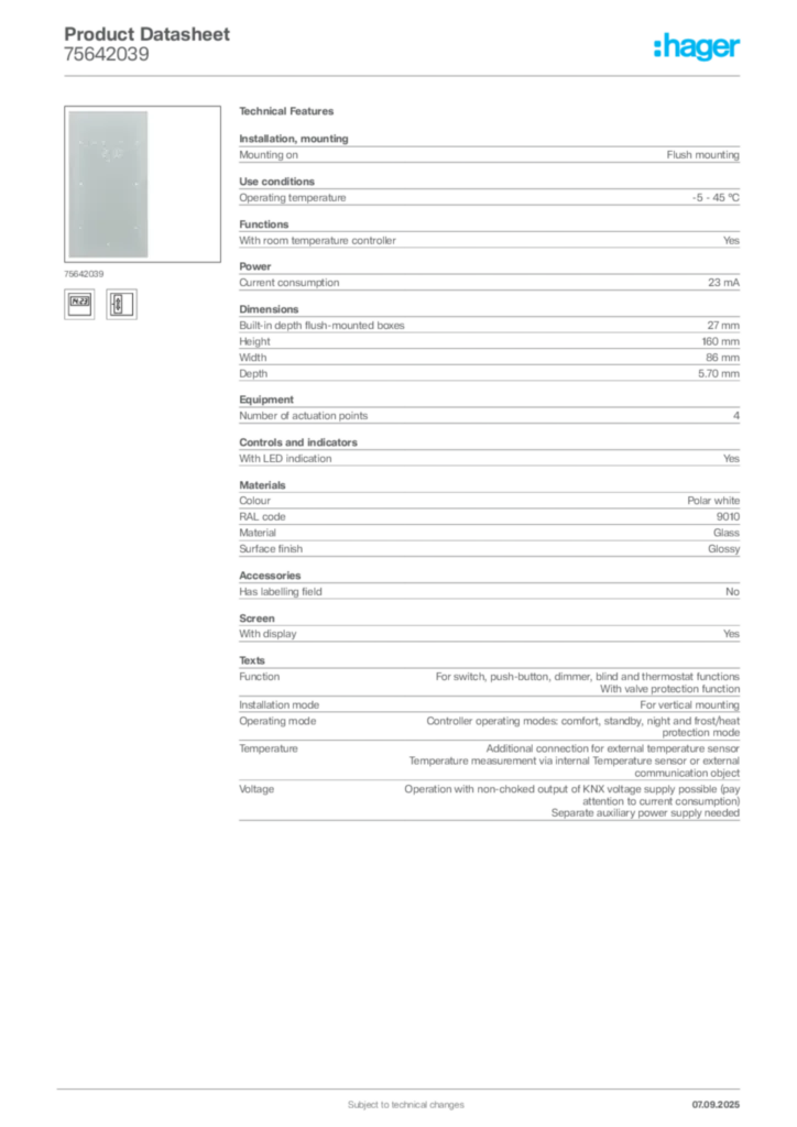 Image Hager Product data sheet 75642039  | Hager