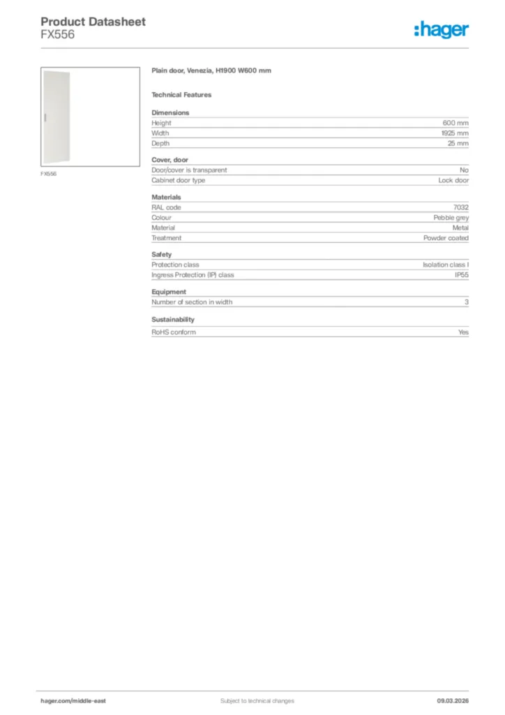 Image Hager Product data sheet FX556  | Hager