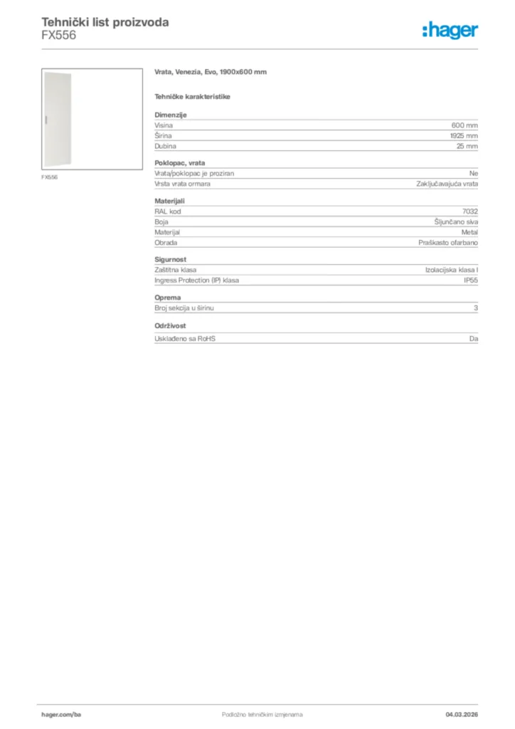 Slika Hager Tehnički list proizvoda FX556  | Hager