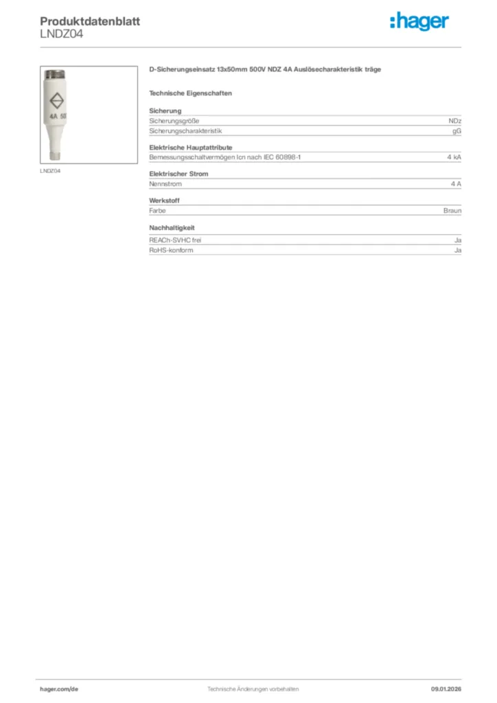 Bild Hager Produktdatenblatt LNDZ04 | Hager Deutschland