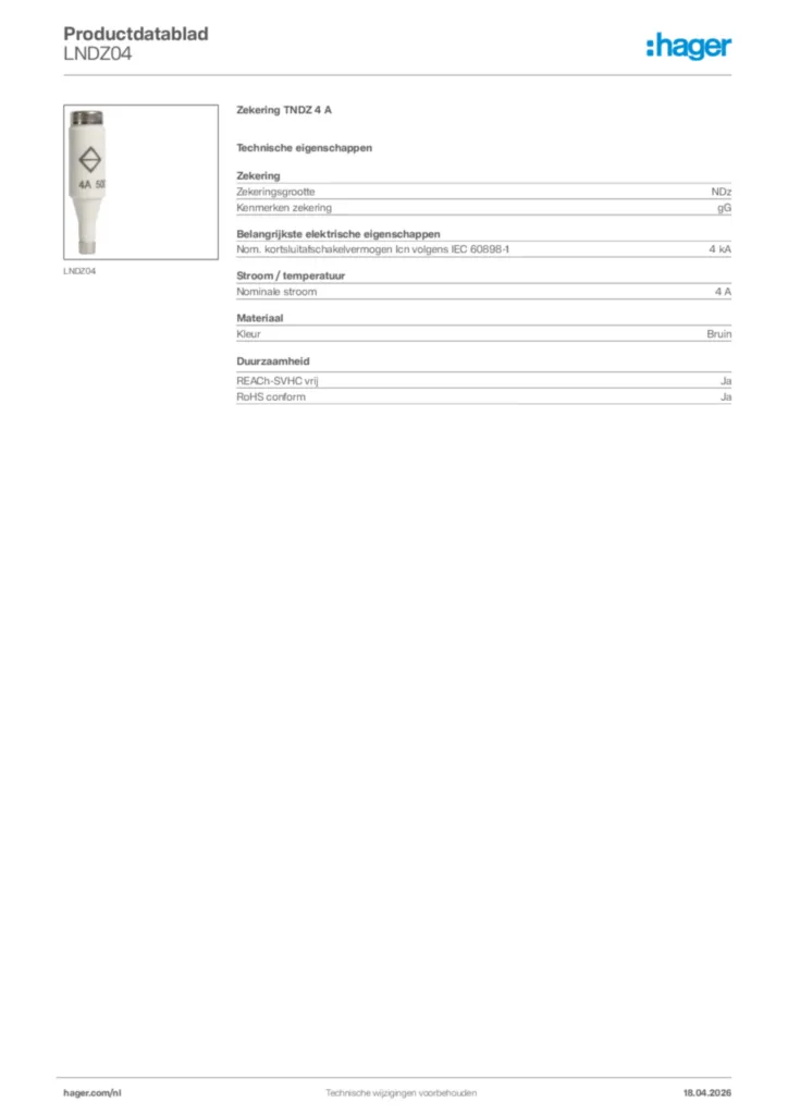 Afbeelding Hager Productdatablad LNDZ04 | Hager Nederland