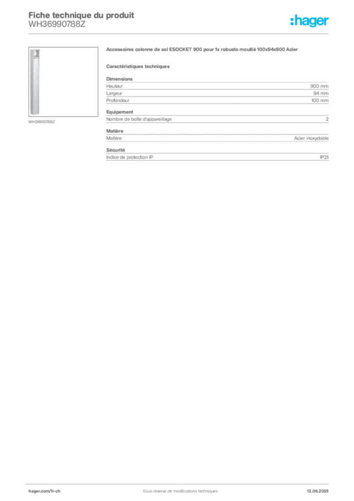 Image Hager Fiche technique du produit WH36990788Z | Hager Suisse
