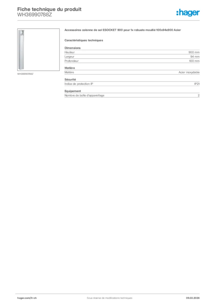 Image Hager Fiche technique du produit WH36990788Z | Hager Suisse