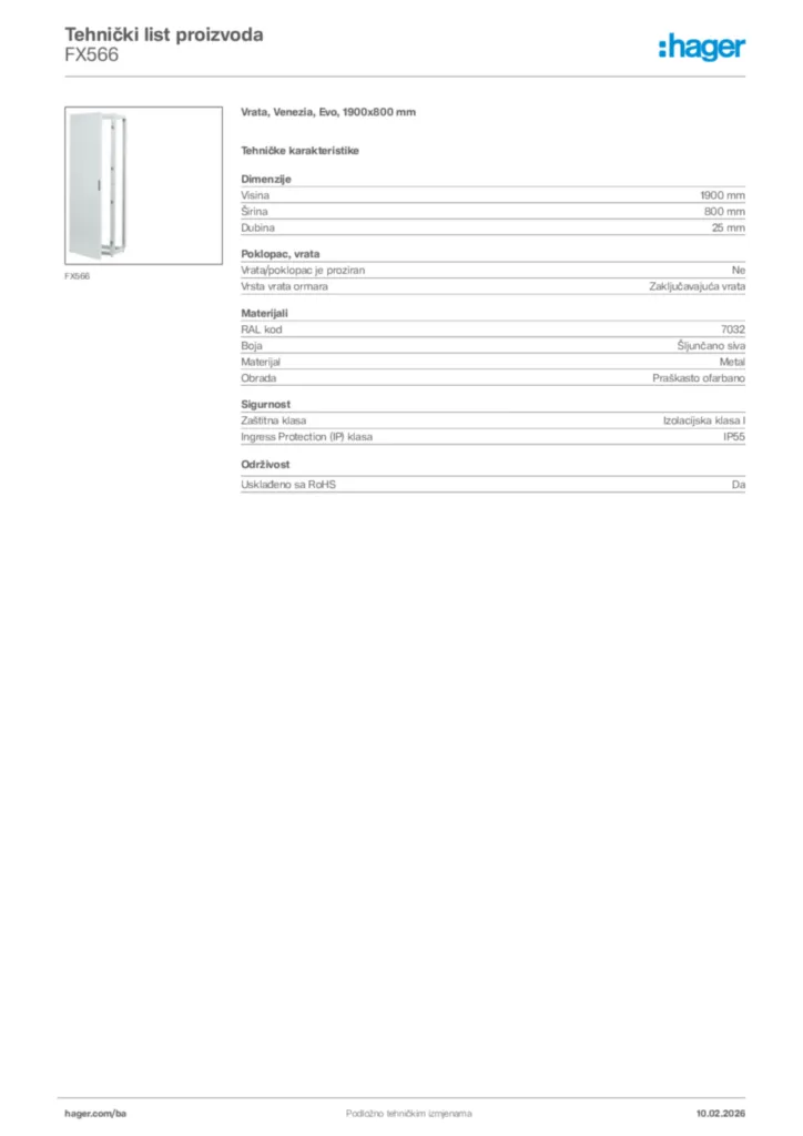 Slika Hager Tehnički list proizvoda FX566  | Hager