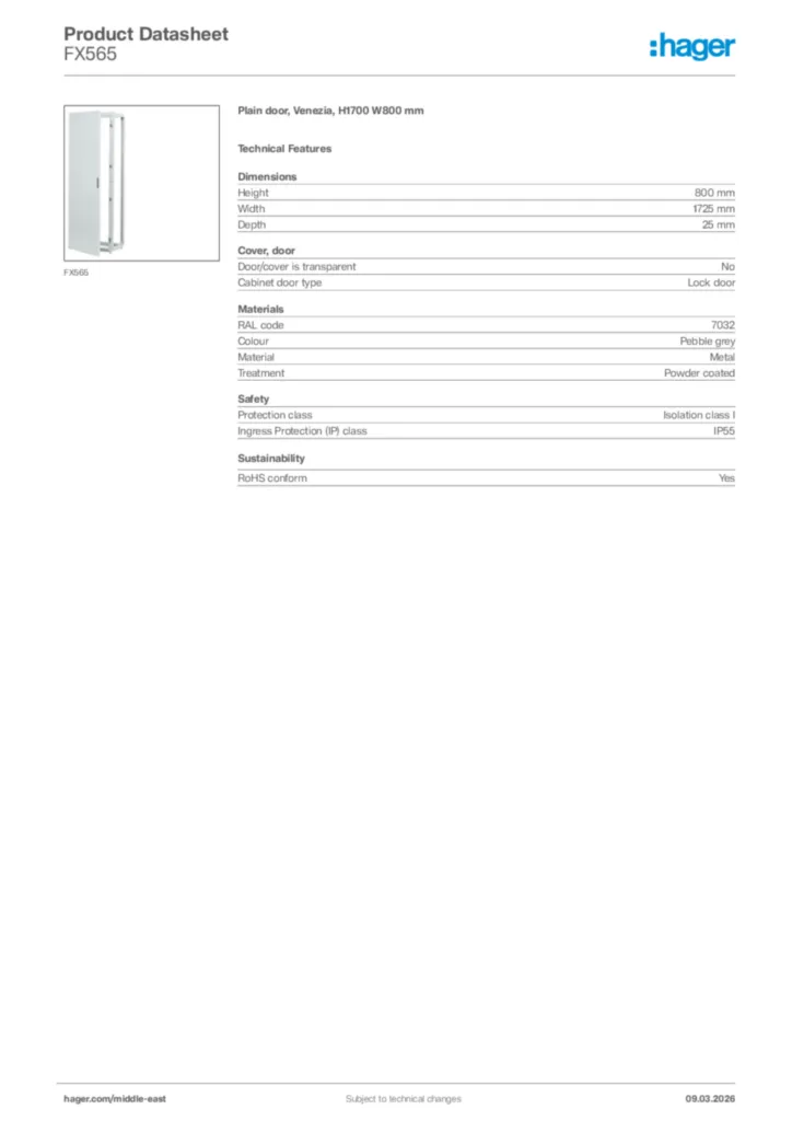 Image Hager Product data sheet FX565  | Hager