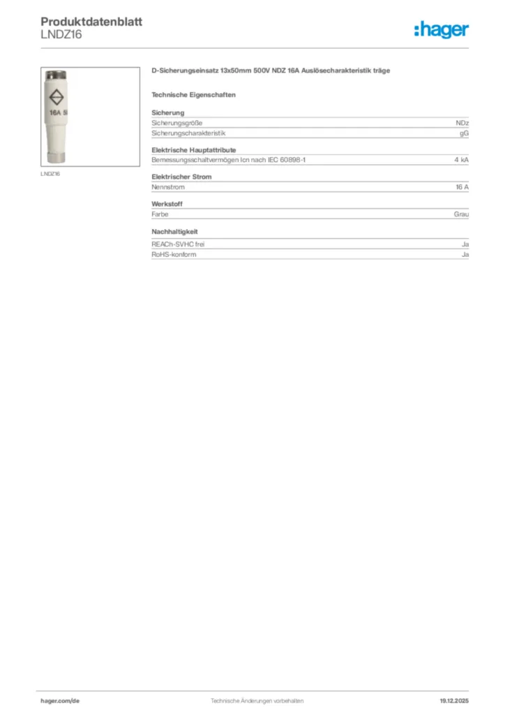 Bild Hager Produktdatenblatt LNDZ16 | Hager Deutschland