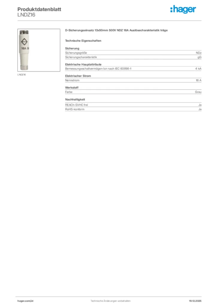 Bild Hager Produktdatenblatt LNDZ16 | Hager Deutschland