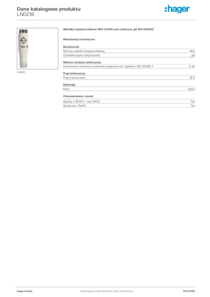 Zdjęcie Hager Karta katalogowa LNDZ16 | Hager Polska