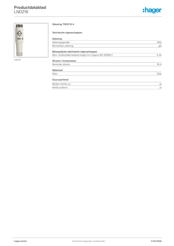 Afbeelding Hager Productdatablad LNDZ16 | Hager Nederland