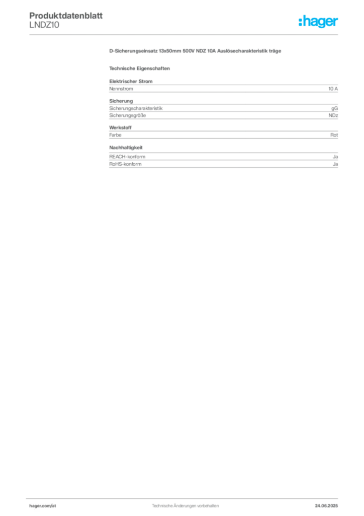Bild Hager Produktdatenblatt LNDZ10 | Hager Deutschland