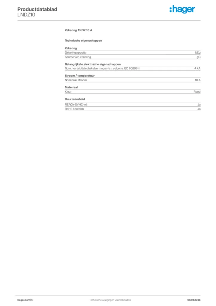 Afbeelding Hager Productdatablad LNDZ10 | Hager Nederland