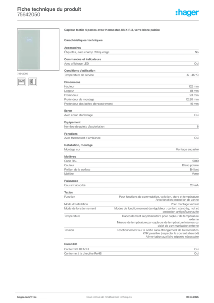 Image Hager Fiche technique du produit 75642050 | Hager Belgique