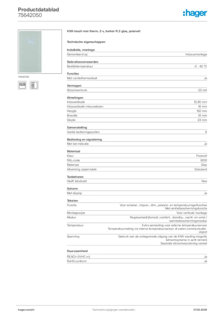 Afbeelding Hager Productdatablad 75642050 | Hager Nederland