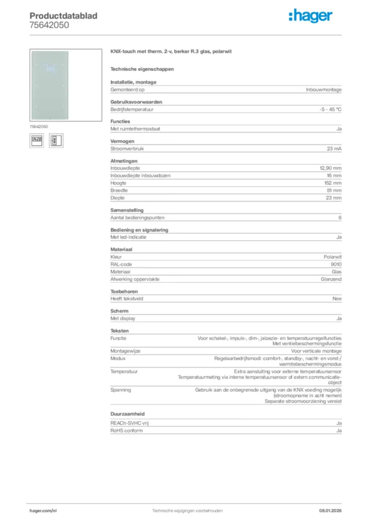 Afbeelding Hager Productdatablad 75642050 | Hager Nederland