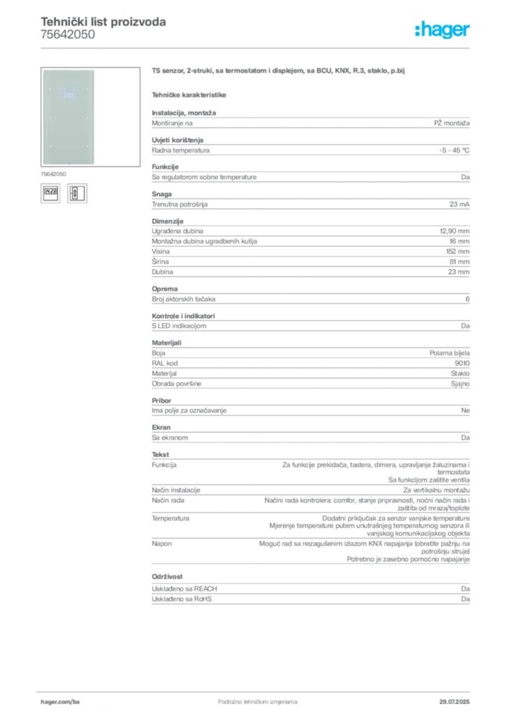 Slika Hager Product data sheet 75642050  | Hager