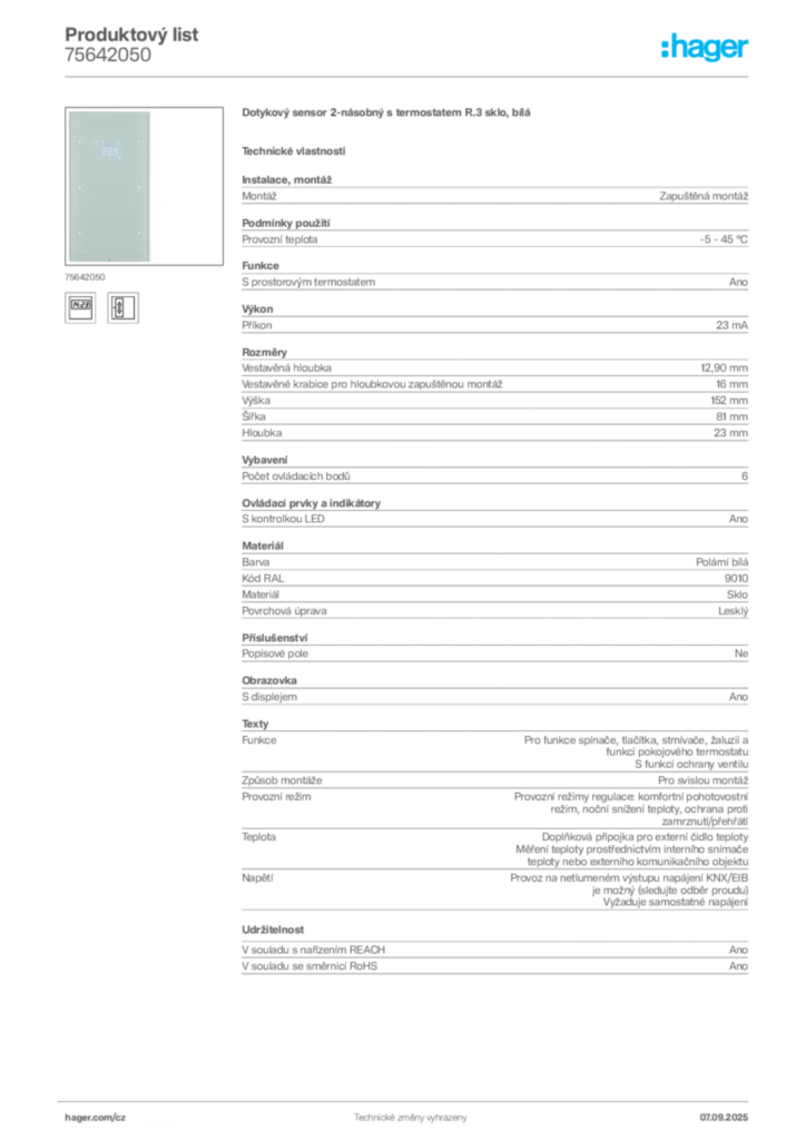 Obrázek Hager Produktový list 75642050 | Hager
